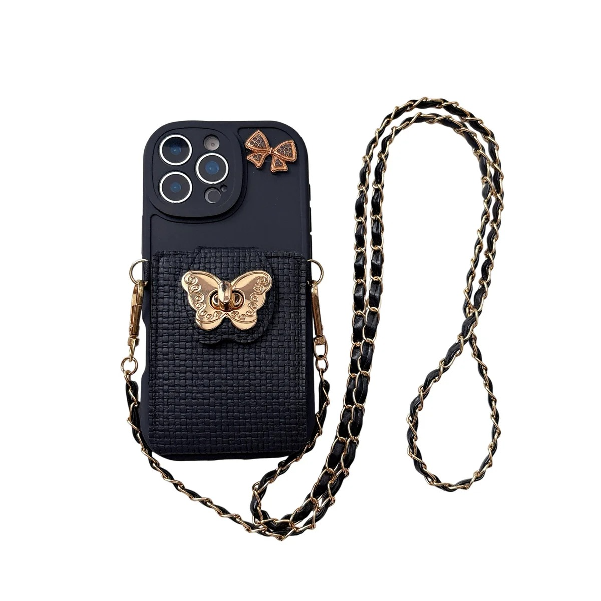 Luxury iPhone Case — Cartoon Butterfly Crossbody Wallet Cover with Card Bag Design, Shockproof Leather Protection & Hands-Free Strap Style