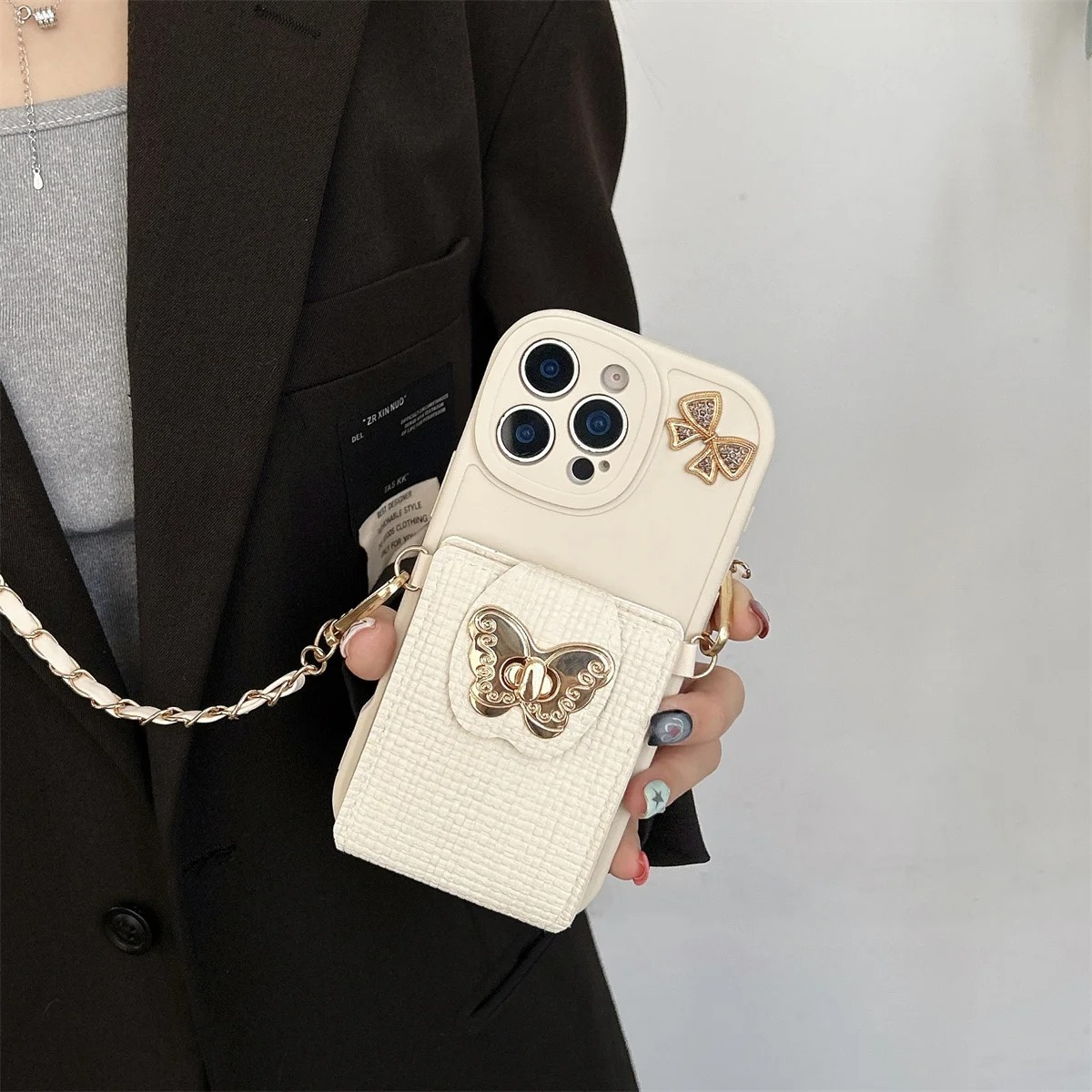 Luxury iPhone Case — Cartoon Butterfly Crossbody Wallet Cover with Card Bag Design, Shockproof Leather Protection & Hands-Free Strap Style