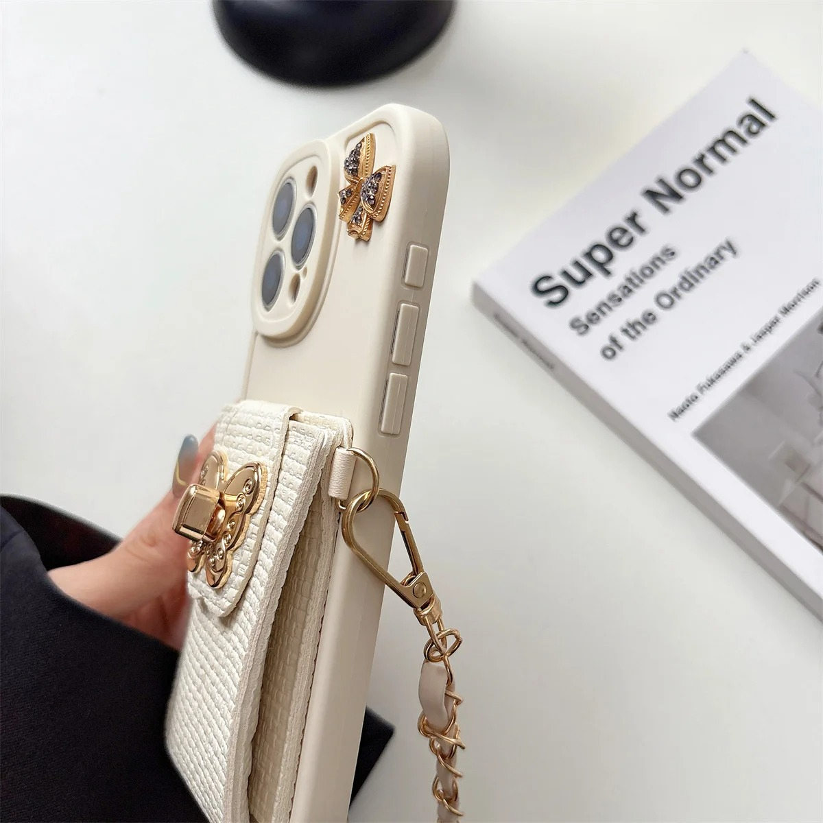 Luxury iPhone Case — Cartoon Butterfly Crossbody Wallet Cover with Card Bag Design, Shockproof Leather Protection & Hands-Free Strap Style