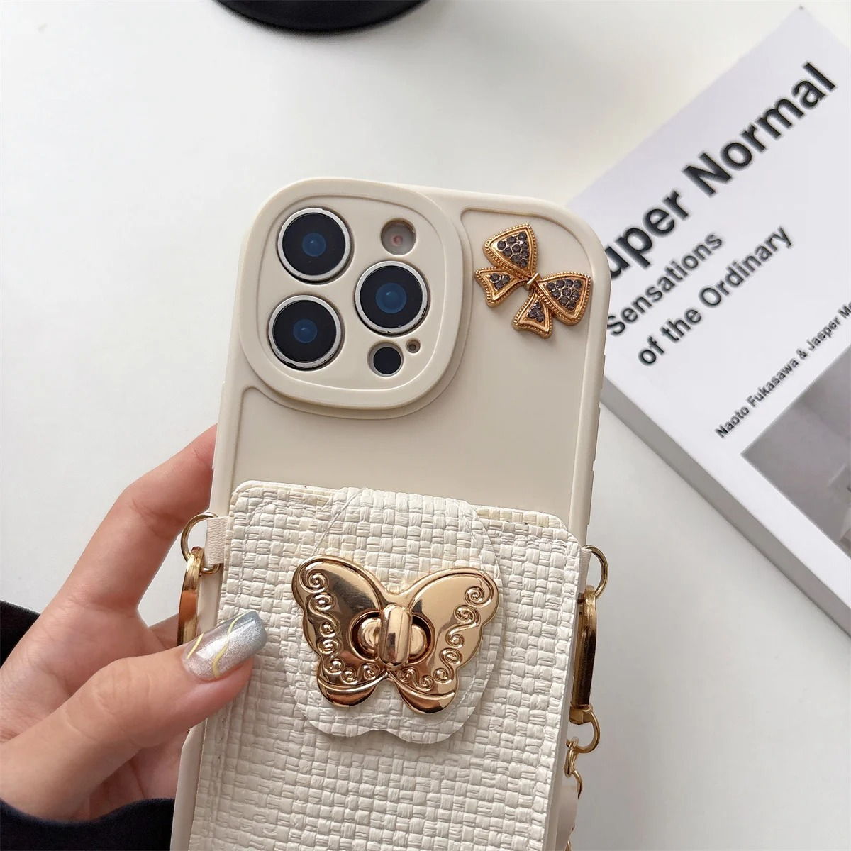 Luxury iPhone Case — Cartoon Butterfly Crossbody Wallet Cover with Card Bag Design, Shockproof Leather Protection & Hands-Free Strap Style