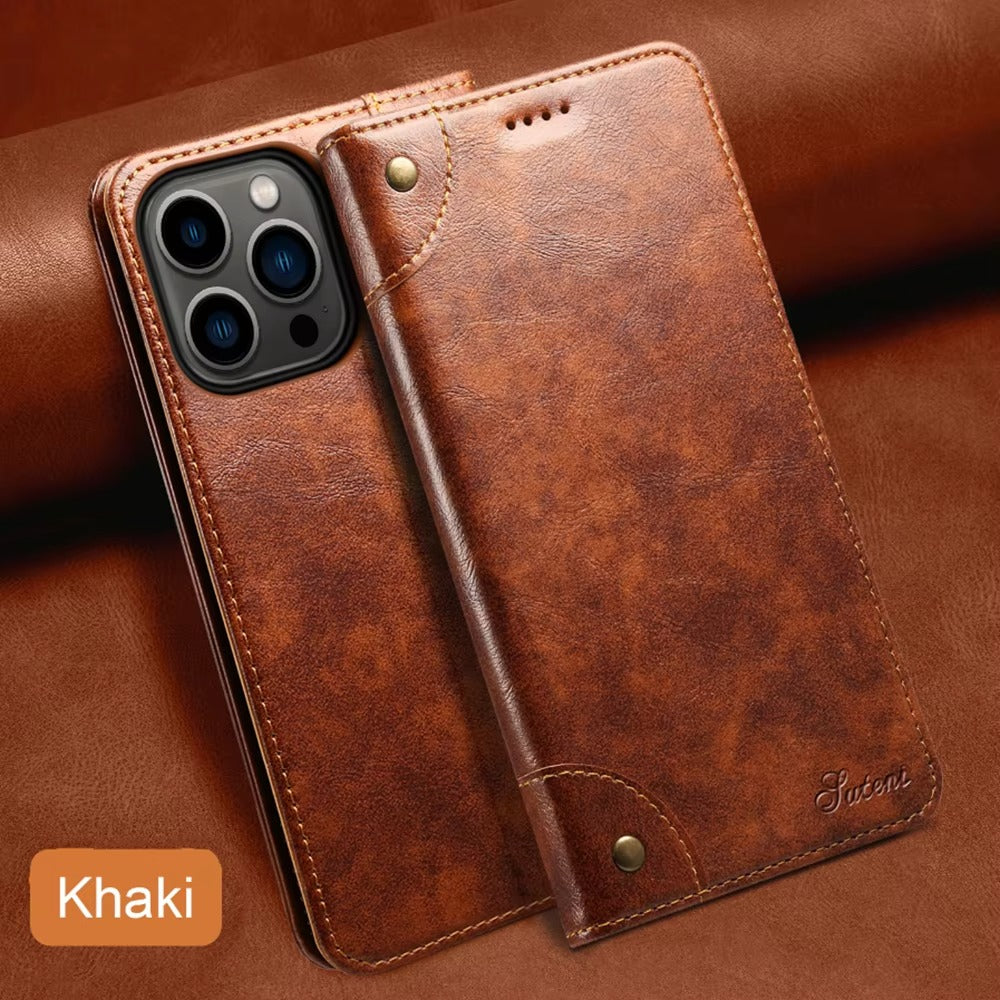 Luxury iPhone Case — Classic Genuine Leather Wallet Flip Cover with Magnetic Closure, Card Storage & Non-Slip Protective Book-Style Design