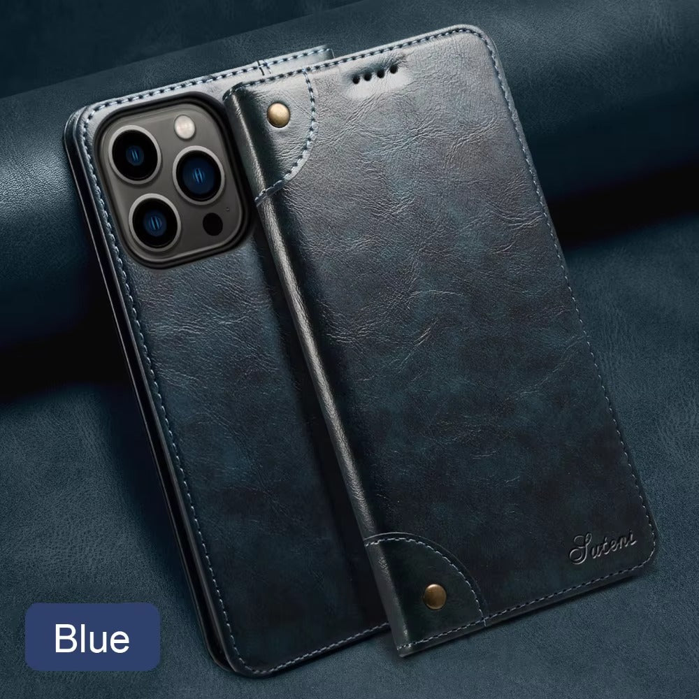 Luxury iPhone Case — Classic Genuine Leather Wallet Flip Cover with Magnetic Closure, Card Storage & Non-Slip Protective Book-Style Design