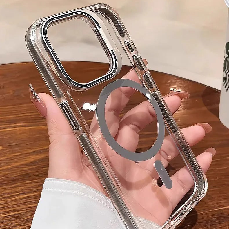 Luxury iPhone Case — Clear Full-Coverage Magnetic Shockproof Cover with Lens Holder, Anti-Fingerprint Anti-Scratch PC+TPU Design & Non-Slip Grip