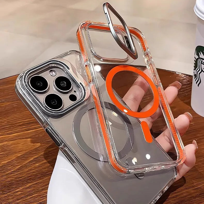 Luxury iPhone Case — Clear Full-Coverage Magnetic Shockproof Cover with Lens Holder, Anti-Fingerprint Anti-Scratch PC+TPU Design & Non-Slip Grip
