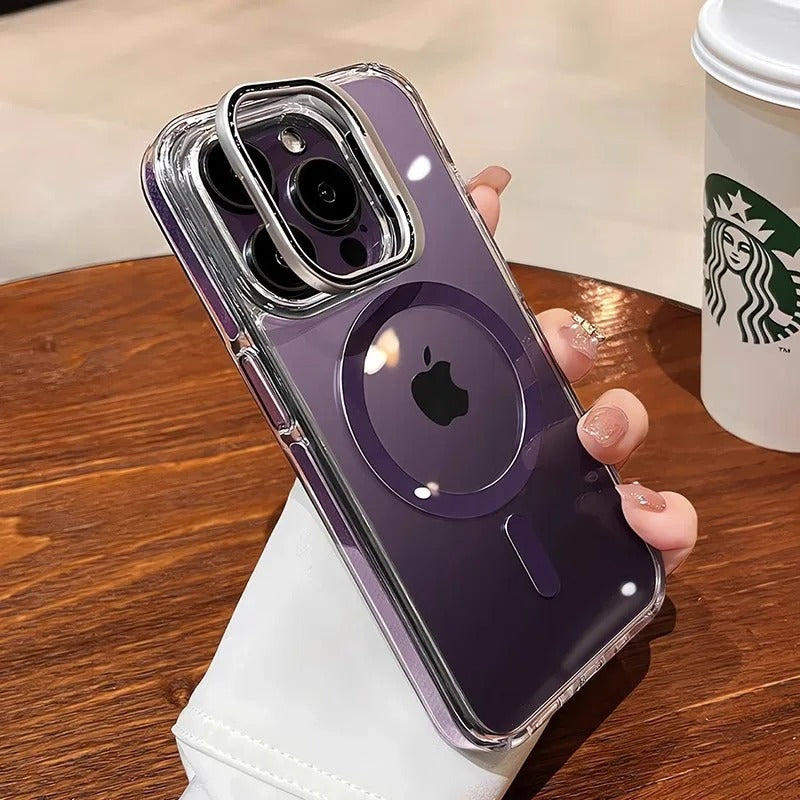 Luxury iPhone Case — Clear Full-Coverage Magnetic Shockproof Cover with Lens Holder, Anti-Fingerprint Anti-Scratch PC+TPU Design & Non-Slip Grip