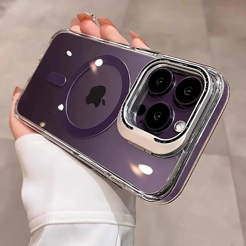 Luxury iPhone Case — Clear Full-Coverage Magnetic Shockproof Cover with Lens Holder, Anti-Fingerprint Anti-Scratch PC+TPU Design & Non-Slip Grip