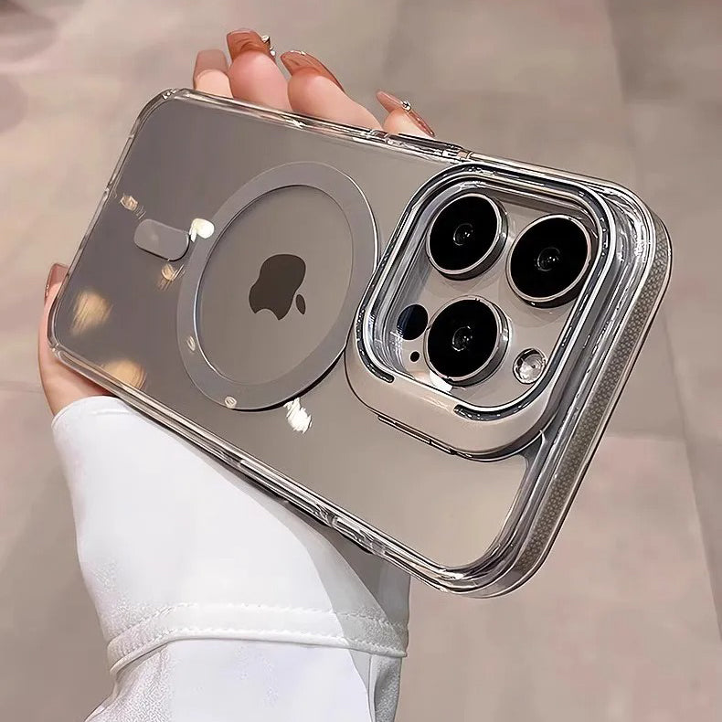 Luxury iPhone Case — Clear Full-Coverage Magnetic Shockproof Cover with Lens Holder, Anti-Fingerprint Anti-Scratch PC+TPU Design & Non-Slip Grip