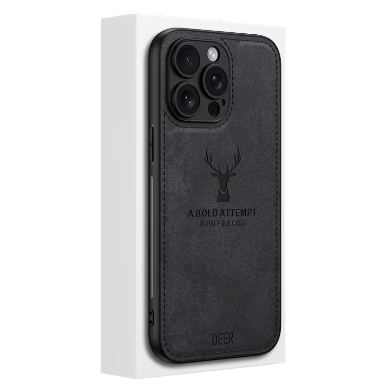 Luxury iPhone Case — Cloth Leather Deer Head Pattern Cover with Shockproof Soft Full-Coverage Protection, Anti-Fingerprint Matte Non-Slip Design