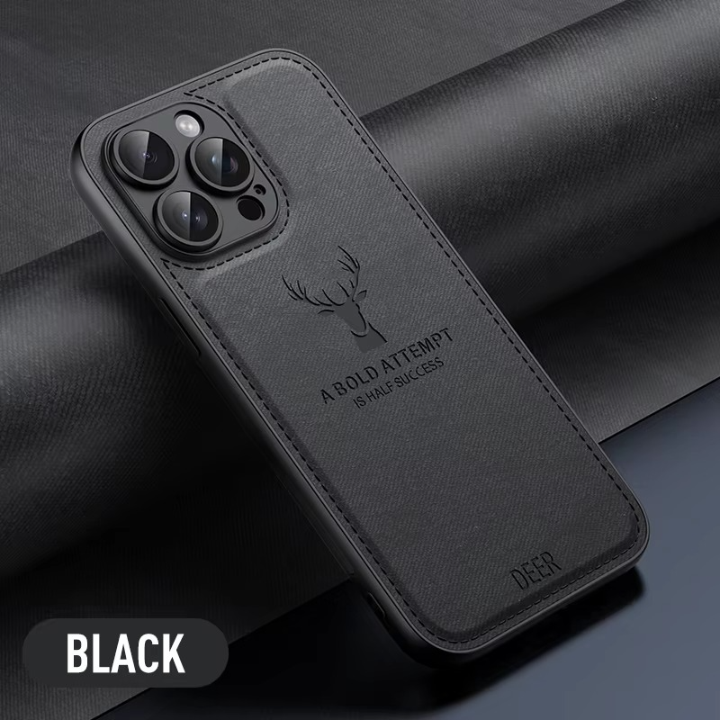 Luxury iPhone Case — Cloth Leather Deer Head Pattern Cover with Shockproof Soft Full-Coverage Protection, Anti-Fingerprint Matte Non-Slip Design