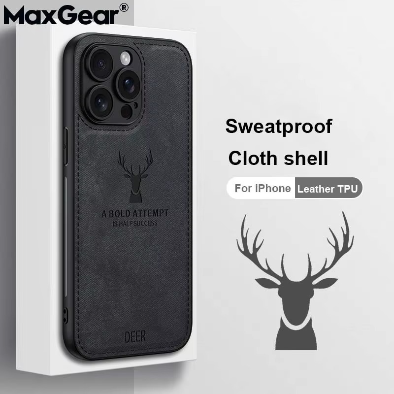 Luxury iPhone Case — Cloth Leather Deer Head Pattern Cover with Shockproof Soft Full-Coverage Protection, Anti-Fingerprint Matte Non-Slip Design