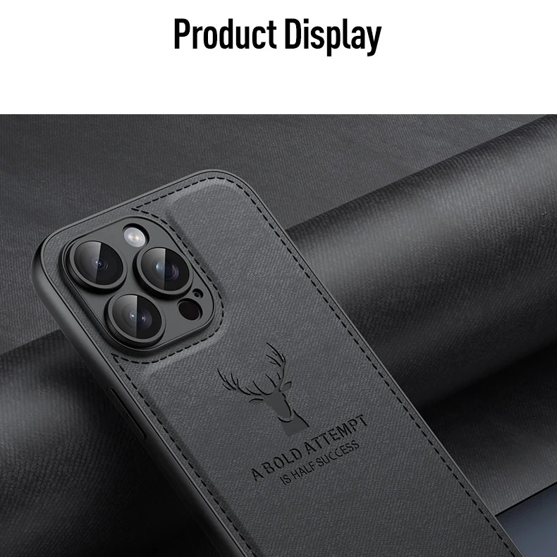 Luxury iPhone Case — Cloth Leather Deer Head Pattern Cover with Shockproof Soft Full-Coverage Protection, Anti-Fingerprint Matte Non-Slip Design