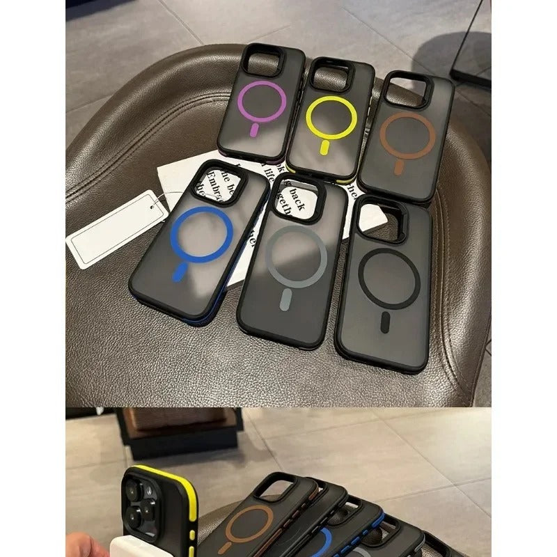 Luxury iPhone Case — Colorblock Translucent MagSafe Magnetic Cover with Frosted Shockproof Anti-Slip Design