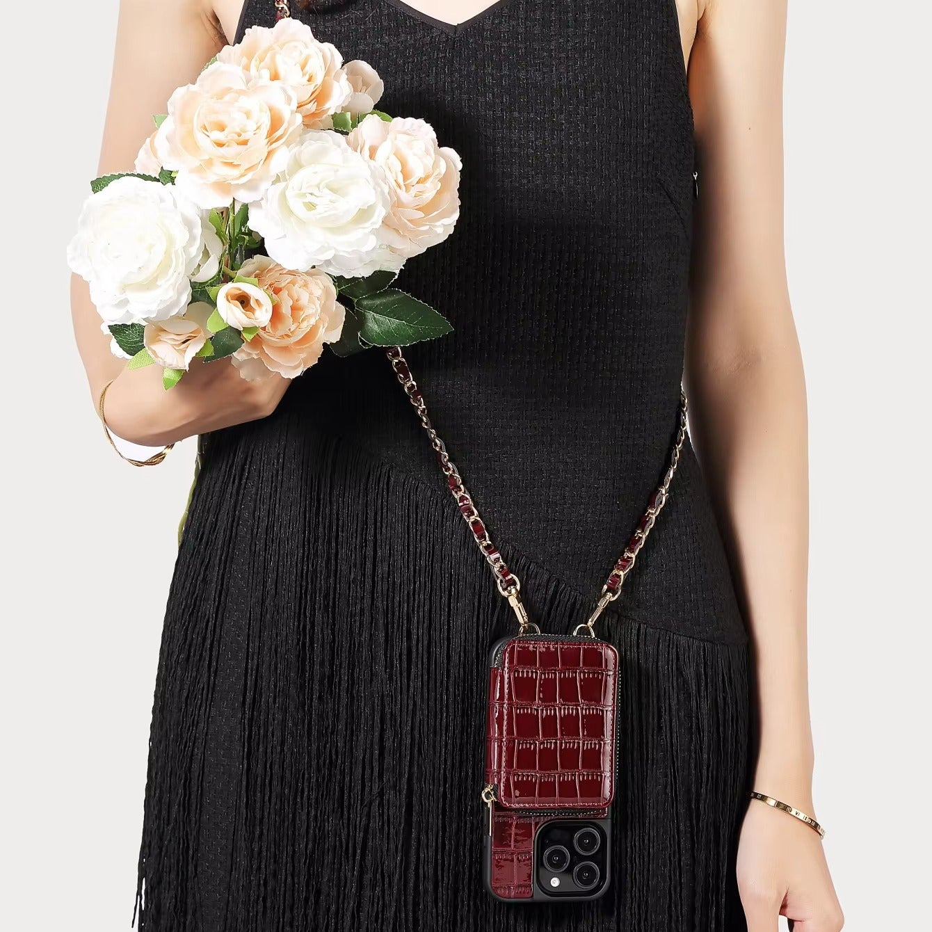 Luxury iPhone Case — Crocodile-Pattern Crossbody Wallet Cover with Lanyard, Soft Anti-Fingerprint Leather and Card Storage Design