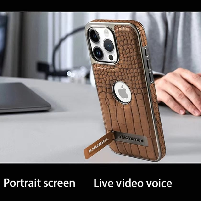 Luxury iPhone Case — Crocodile Genuine Leather MagSafe Cover with Magnetic Kickstand, Shockproof Half-Wrapped Design, Wireless-Charging Safe and Anti-Fingerprint Finish