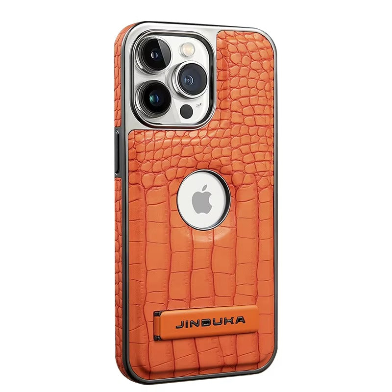 Luxury iPhone Case — Crocodile Genuine Leather MagSafe Cover with Magnetic Kickstand, Shockproof Half-Wrapped Design, Wireless-Charging Safe and Anti-Fingerprint Finish