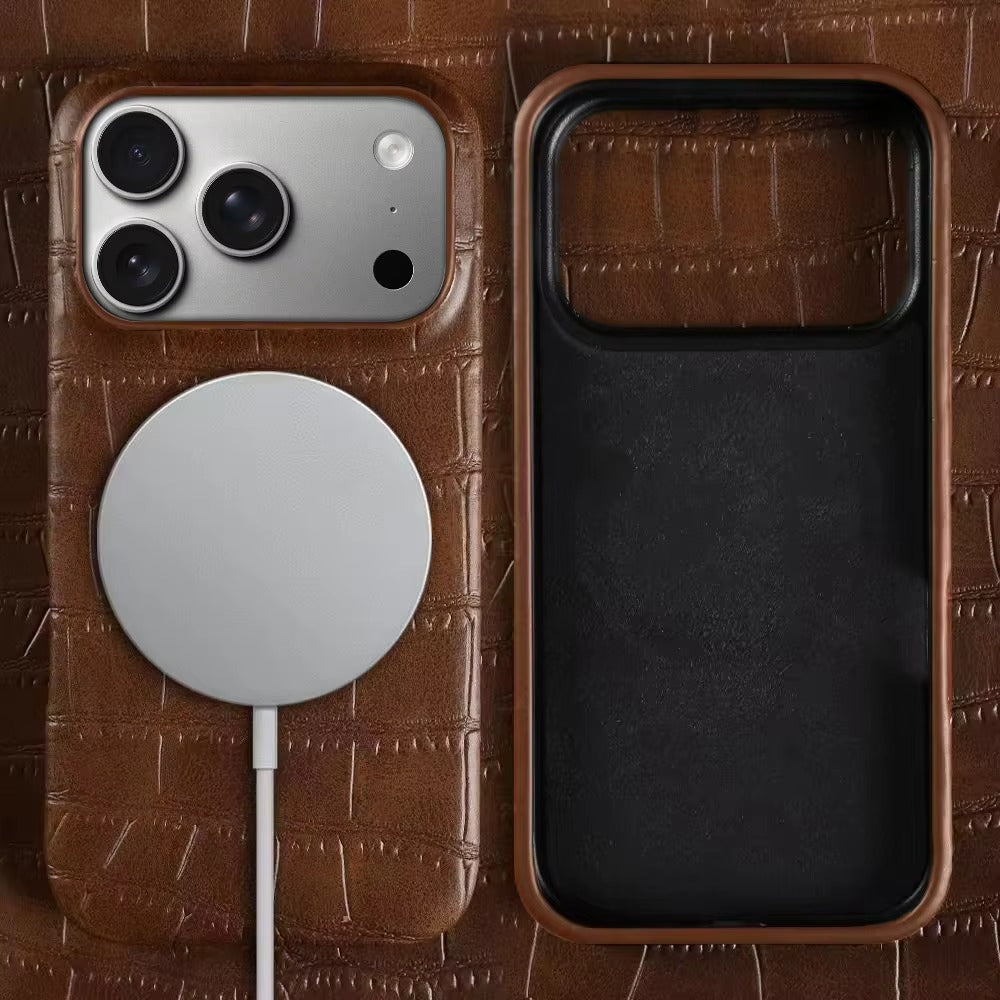 Luxury iPhone Case — Crocodile Leather Bumper Cover with Shockproof Hard PC Protection, Anti-Fingerprint Anti-Scratch Non-Slip Design