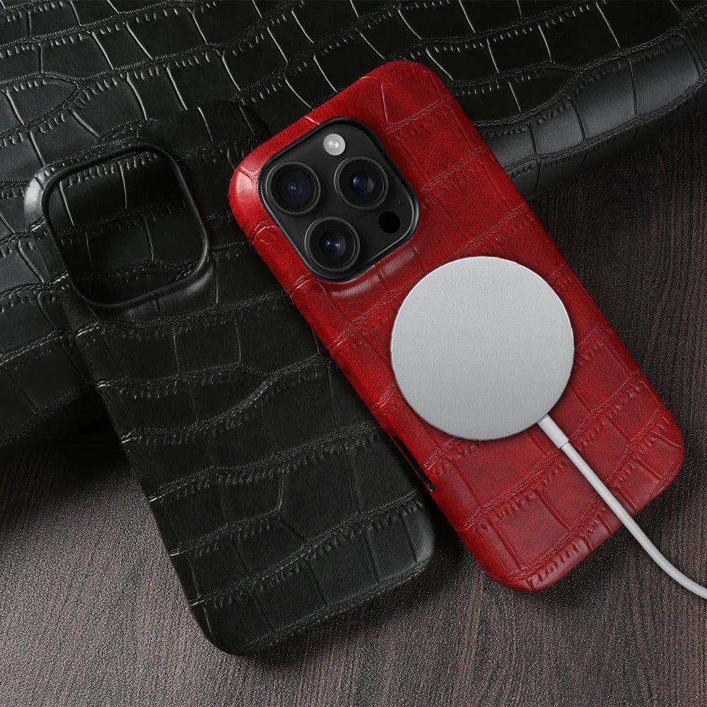 Luxury iPhone Case — Crocodile Leather Bumper Cover with Shockproof Hard PC Protection, Anti-Fingerprint Anti-Scratch Non-Slip Design