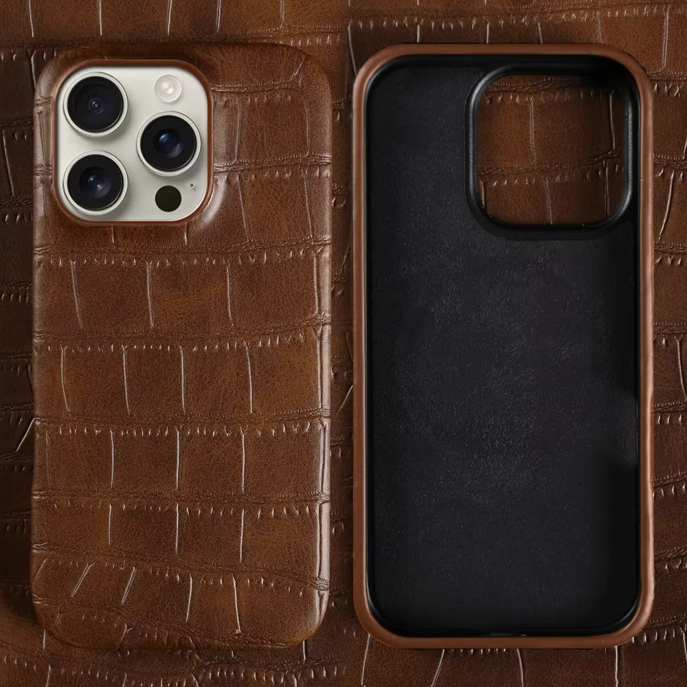 Luxury iPhone Case — Crocodile Leather Bumper Cover with Shockproof Hard PC Protection, Anti-Fingerprint Anti-Scratch Non-Slip Design