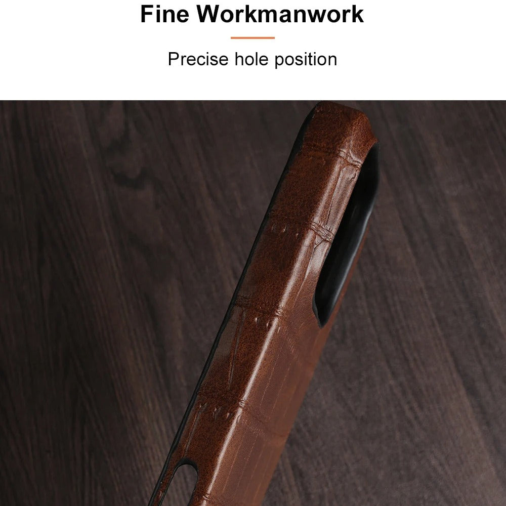 Luxury iPhone Case — Crocodile Leather Bumper Cover with Shockproof Hard PC Protection, Anti-Fingerprint Anti-Scratch Non-Slip Design