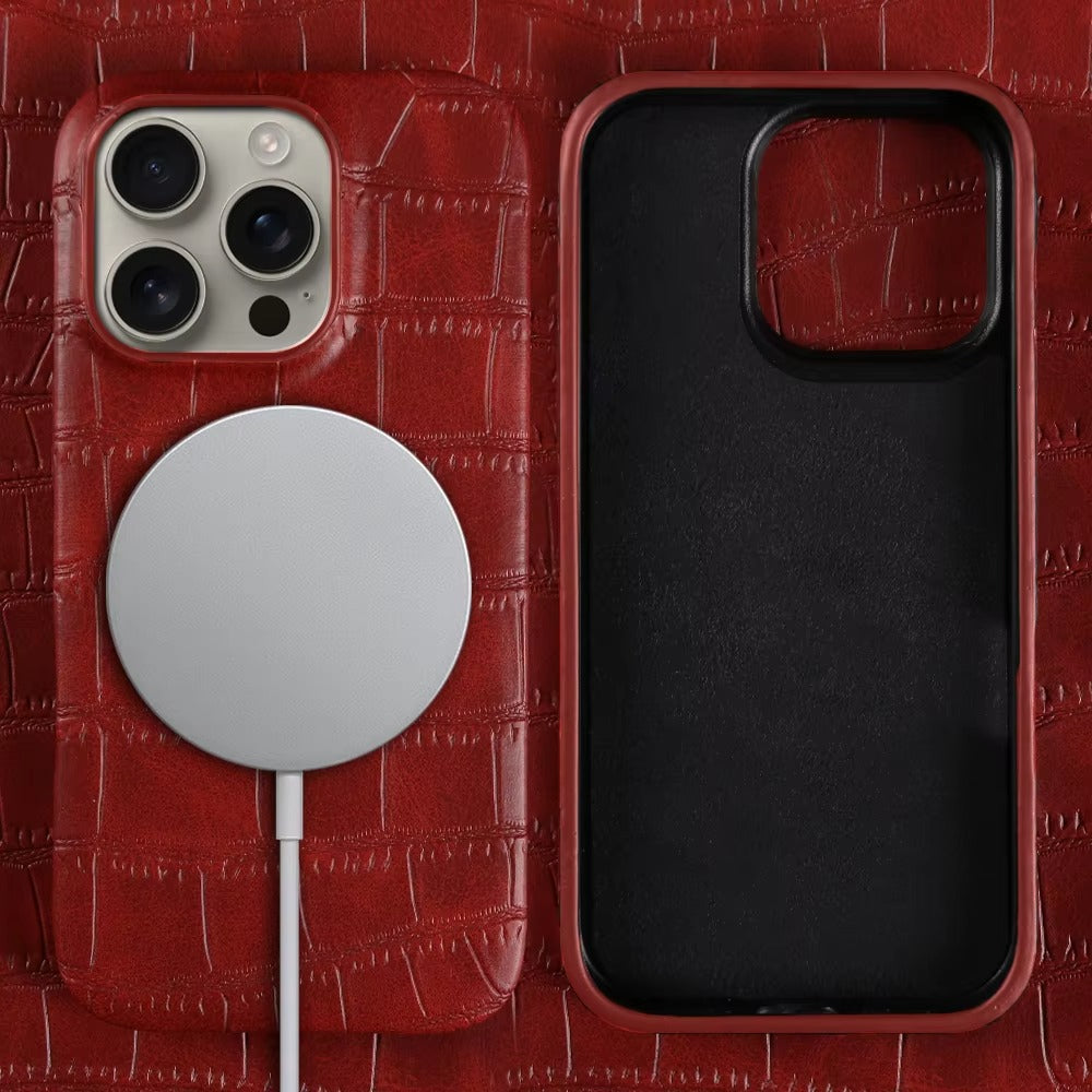 Luxury iPhone Case — Crocodile Leather Bumper Cover with Shockproof Hard PC Protection, Anti-Fingerprint Anti-Scratch Non-Slip Design