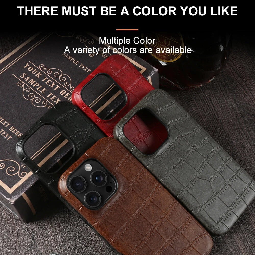 Luxury iPhone Case — Crocodile Leather Bumper Cover with Shockproof Hard PC Protection, Anti-Fingerprint Anti-Scratch Non-Slip Design