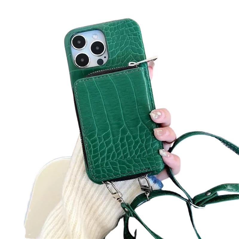 Luxury iPhone Case — Crossbody Crocodile Skin Zipper Wallet Cover with Card Holder, Lanyard Strap, Anti-Fingerprint Anti-Scratch Protection & Elegant Textured Design