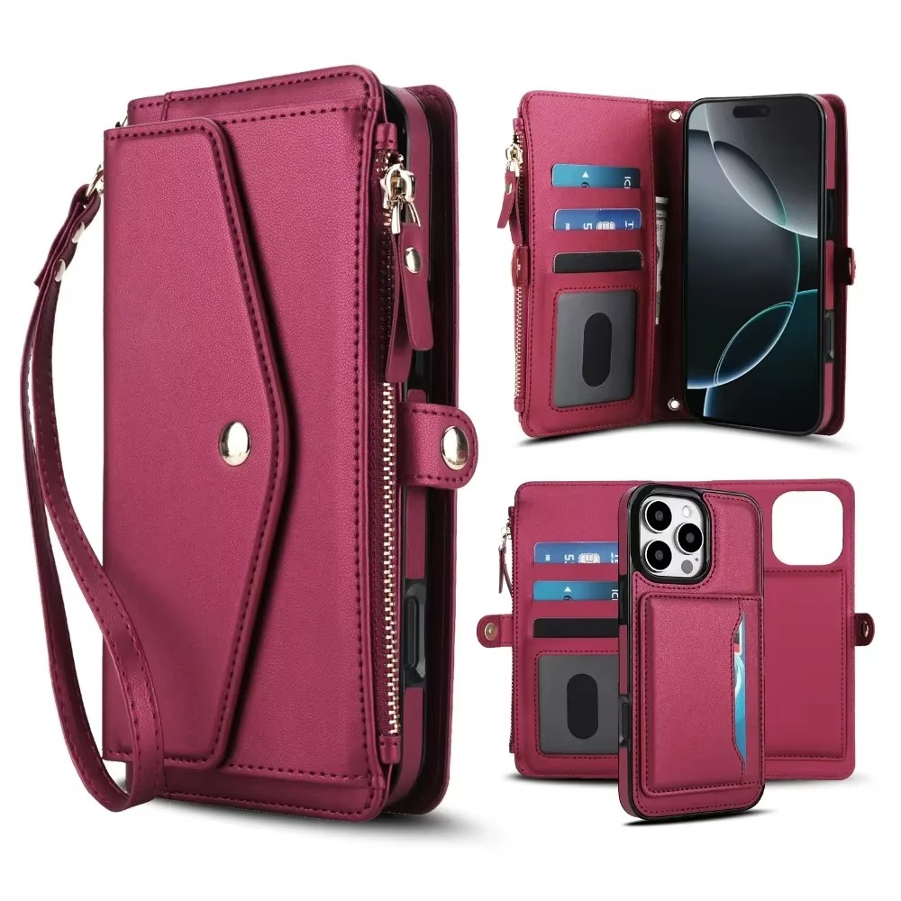 Luxury iPhone Case — Crossbody Detachable Magnetic Wallet Cover with Lanyard, Holder Feature and Anti-Fingerprint PU Leather Design