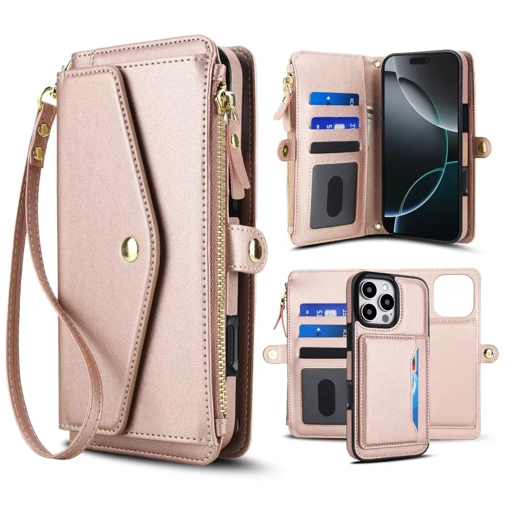 Luxury iPhone Case — Crossbody Detachable Magnetic Wallet Cover with Lanyard, Holder Feature and Anti-Fingerprint PU Leather Design