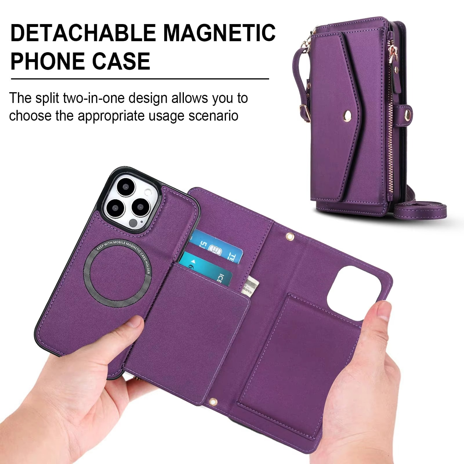 Luxury iPhone Case — Crossbody Detachable Magnetic Wallet Cover with Lanyard, Holder Feature and Anti-Fingerprint PU Leather Design