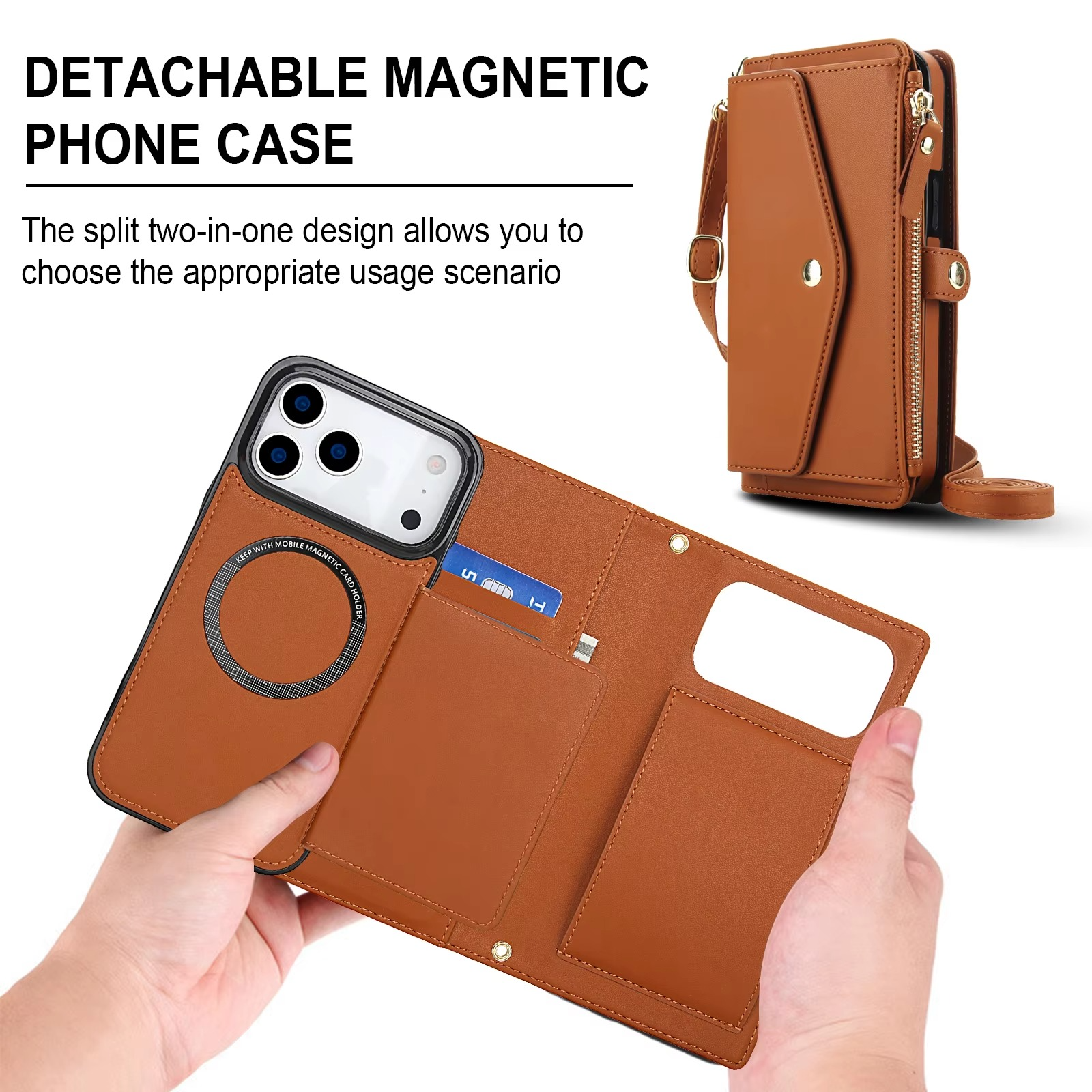 Luxury iPhone Case — Crossbody Detachable Magnetic Wallet Cover with Lanyard, Holder Feature and Anti-Fingerprint PU Leather Design