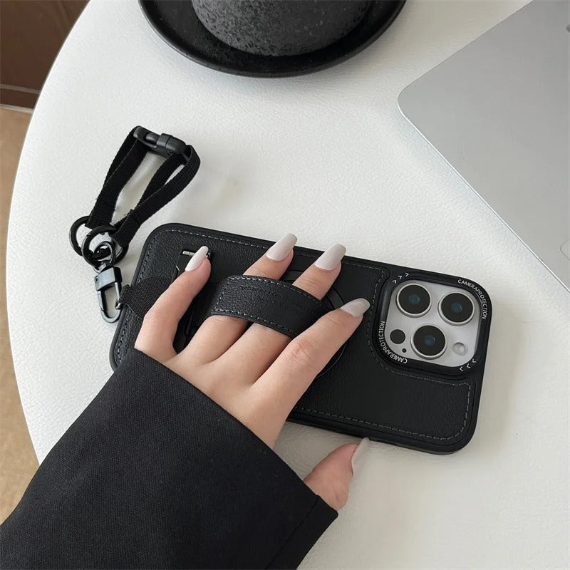 Luxury iPhone Case — Crossbody Leather Magnetic Cover with Wrist Strap Rope Holder, Shockproof Bracket Design and Anti-Fingerprint Protection
