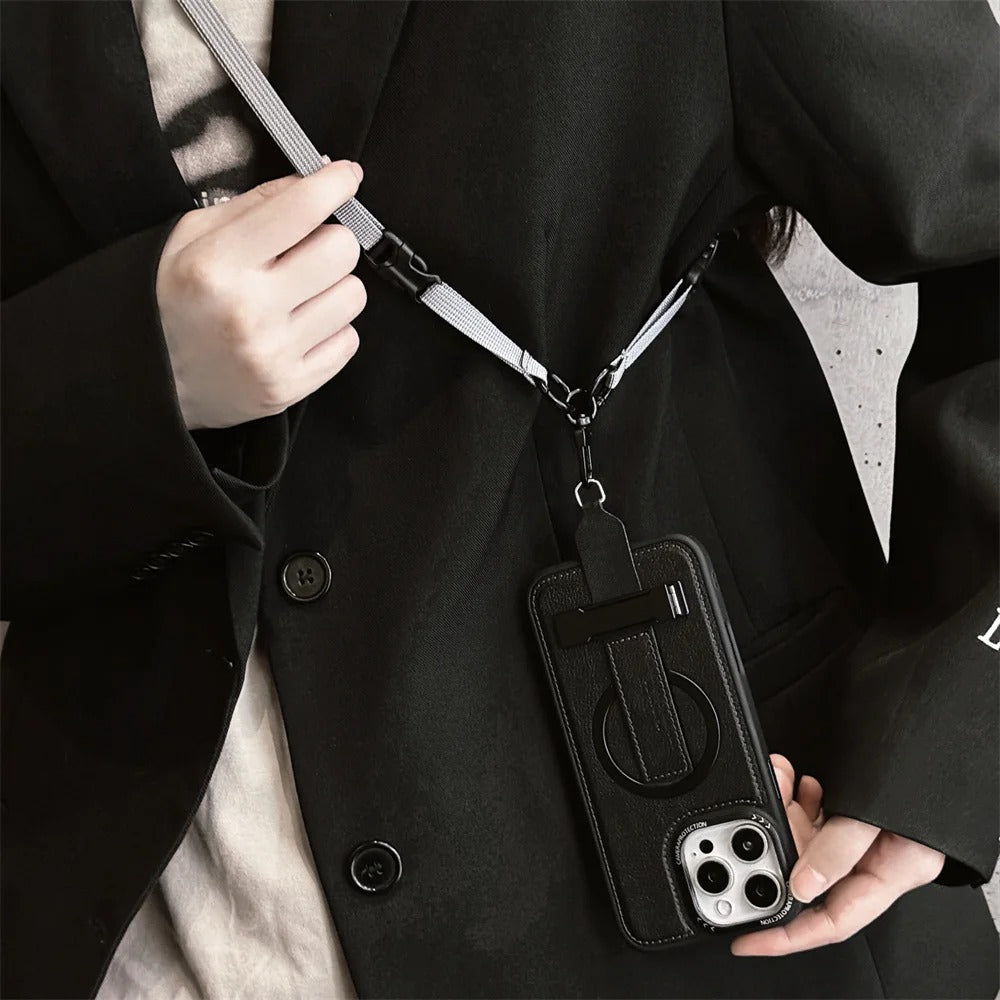 Luxury iPhone Case — Crossbody Leather Magnetic Cover with Wrist Strap Rope Holder, Shockproof Bracket Design and Anti-Fingerprint Protection