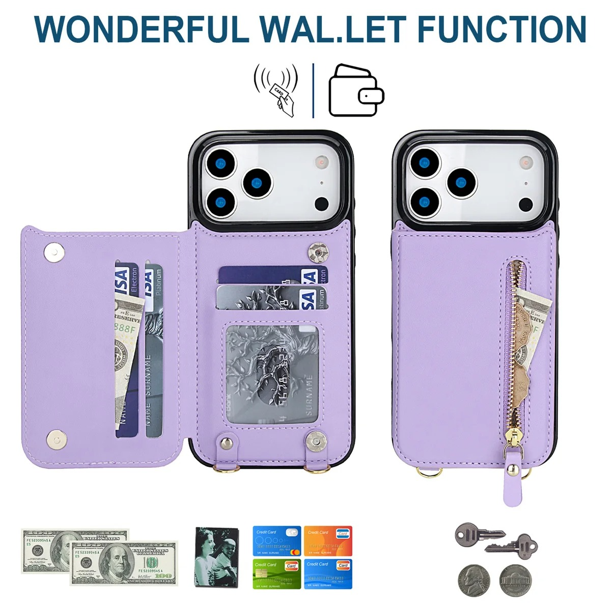 Luxury iPhone Case — Lanyard Strap and Shockproof, Crossbody Leather RFID Wallet Cover with Zipper Card Slot, Lanyard Strap and Shockproof Anti-Fingerprint Protection