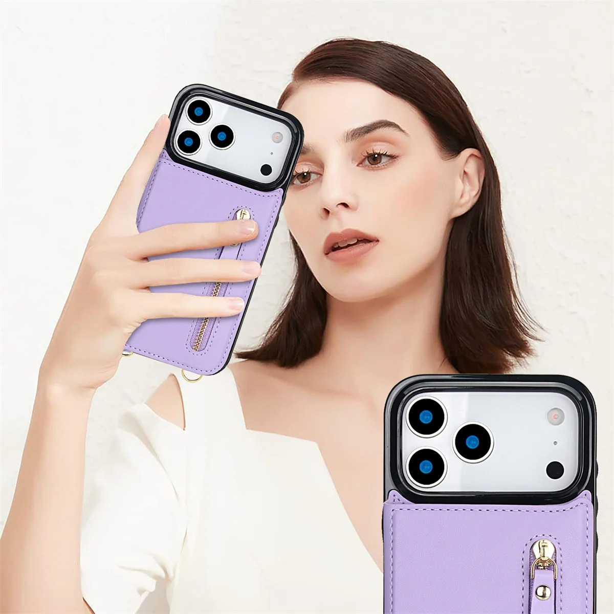 Luxury iPhone Case — Lanyard Strap and Shockproof, Crossbody Leather RFID Wallet Cover with Zipper Card Slot, Lanyard Strap and Shockproof Anti-Fingerprint Protection