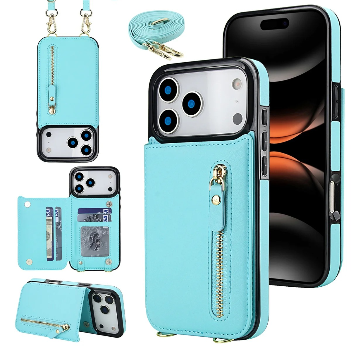 Luxury iPhone Case — Lanyard Strap and Shockproof, Crossbody Leather RFID Wallet Cover with Zipper Card Slot, Lanyard Strap and Shockproof Anti-Fingerprint Protection