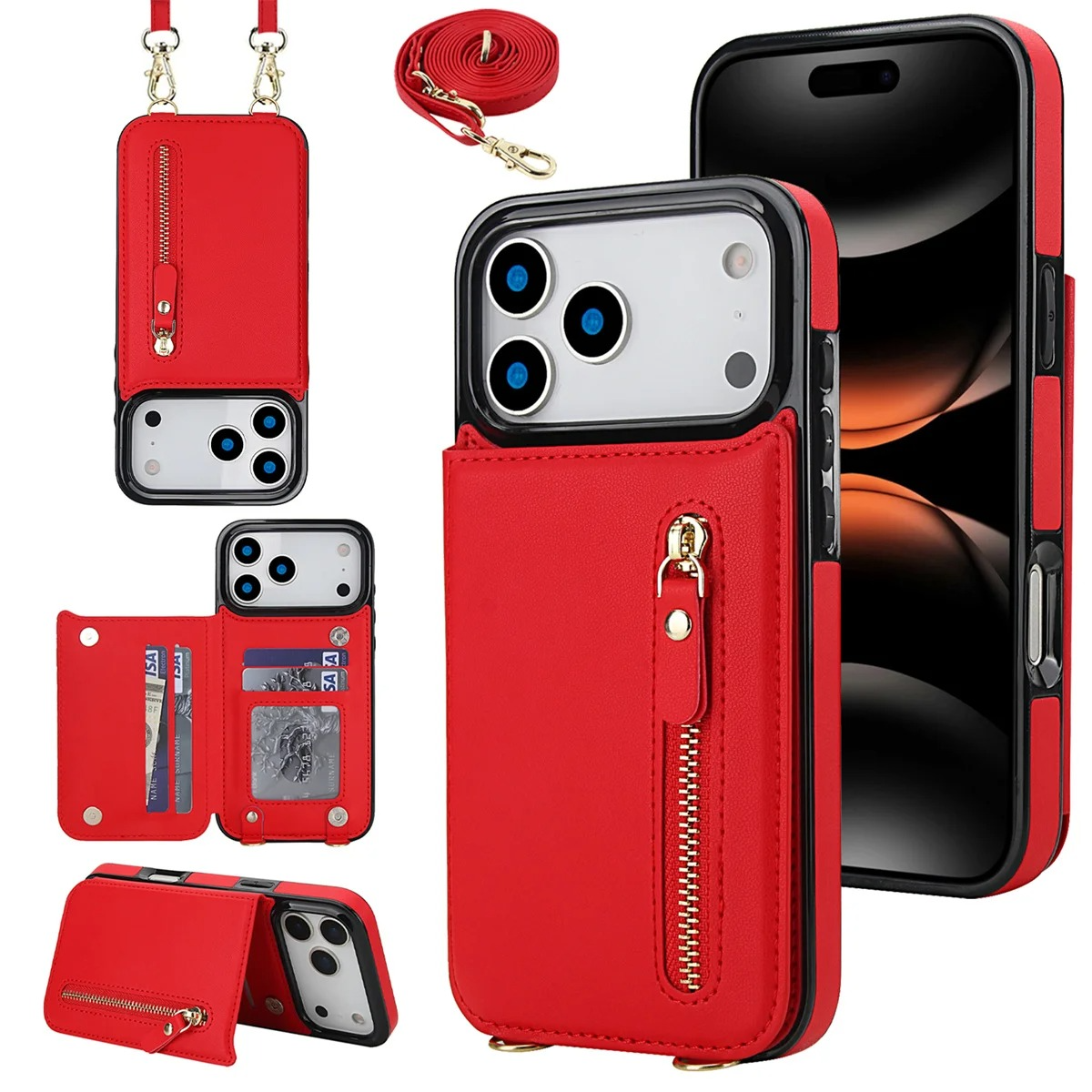 Luxury iPhone Case — Lanyard Strap and Shockproof, Crossbody Leather RFID Wallet Cover with Zipper Card Slot, Lanyard Strap and Shockproof Anti-Fingerprint Protection