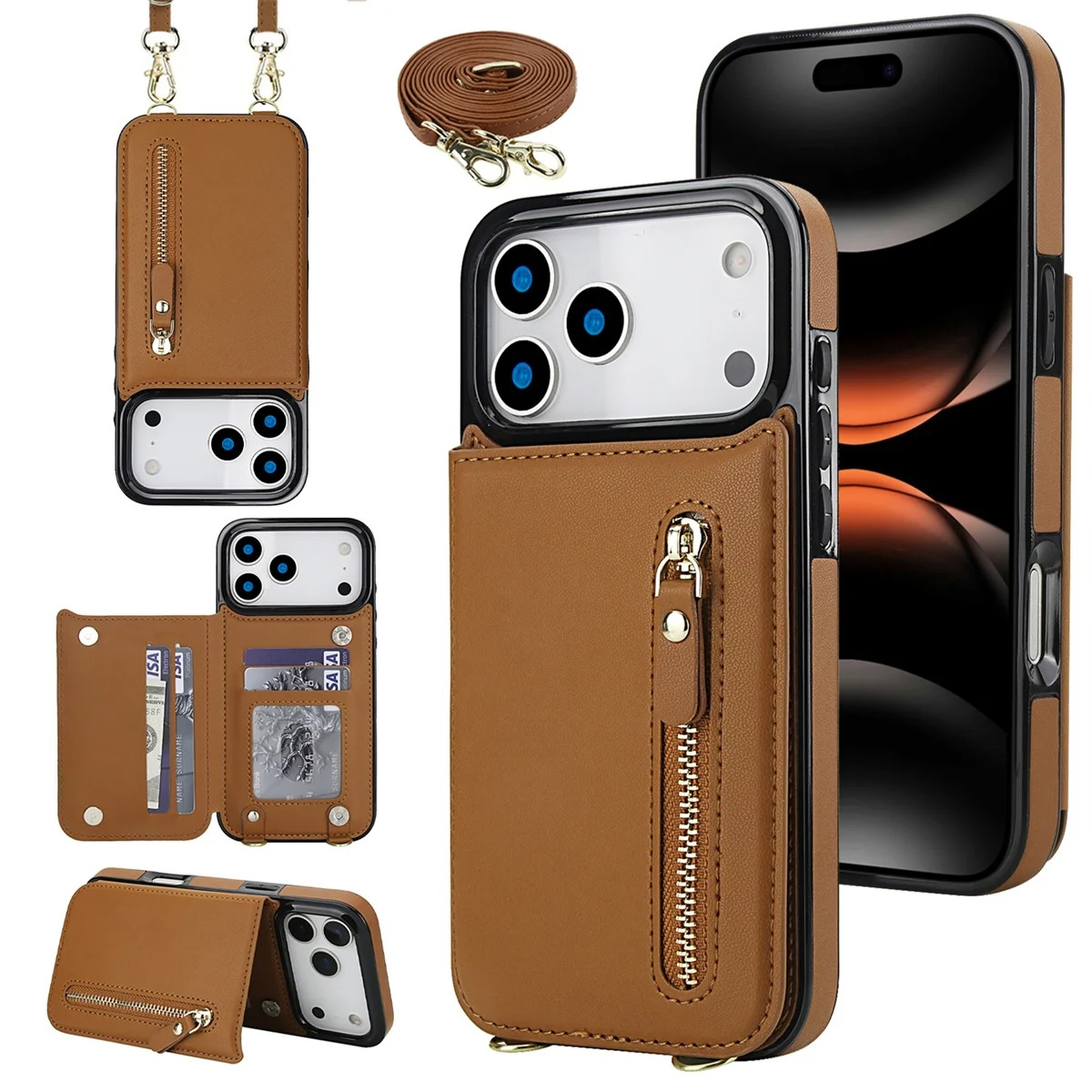 Luxury iPhone Case — Lanyard Strap and Shockproof, Crossbody Leather RFID Wallet Cover with Zipper Card Slot, Lanyard Strap and Shockproof Anti-Fingerprint Protection