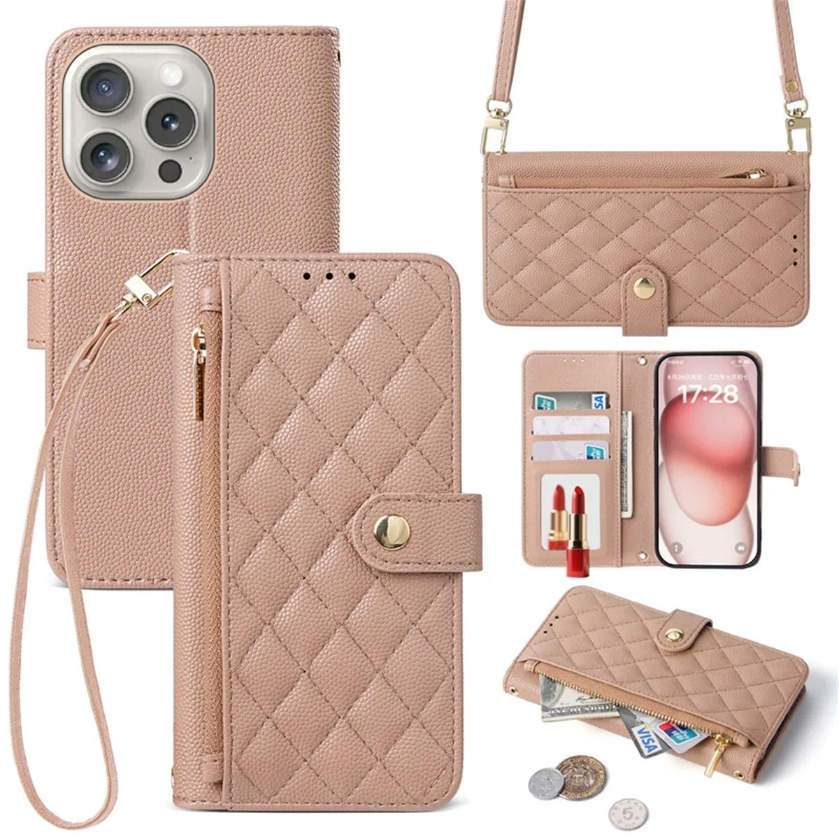 Luxury iPhone Case — Crossbody Leather Wallet Cover with Card Holder, Lanyard Strap, Anti-Scratch Non-Slip Design & Protective PU Build