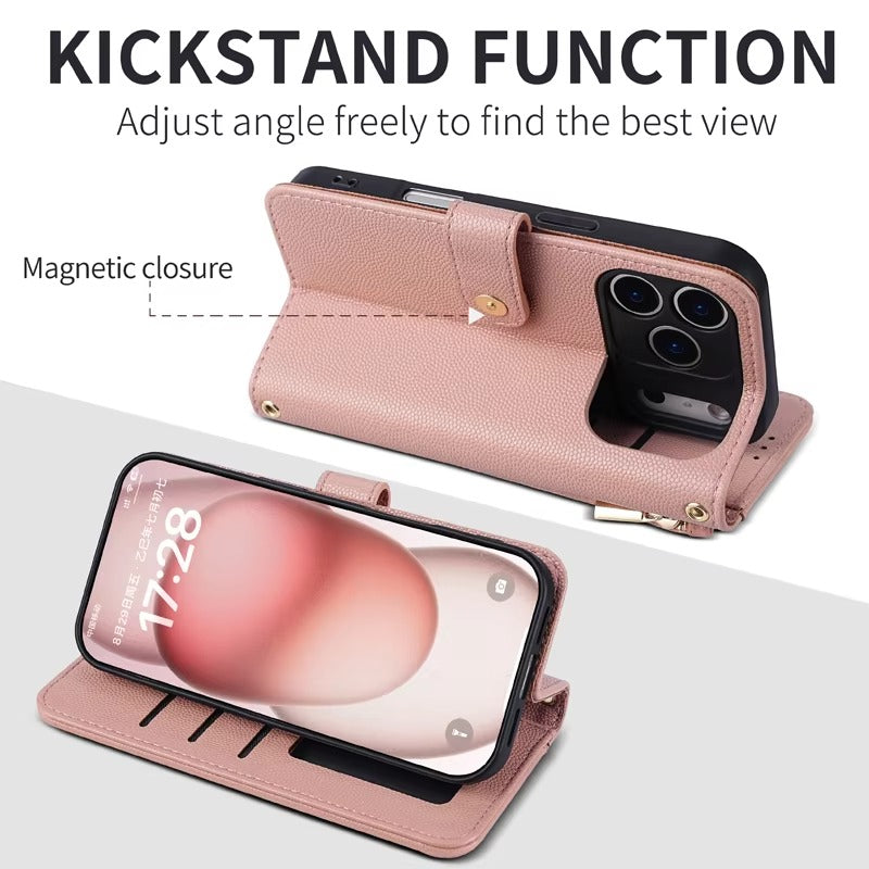 Luxury iPhone Case — Crossbody Leather Wallet Cover with Card Holder, Lanyard Strap, Anti-Scratch Non-Slip Design & Protective PU Build