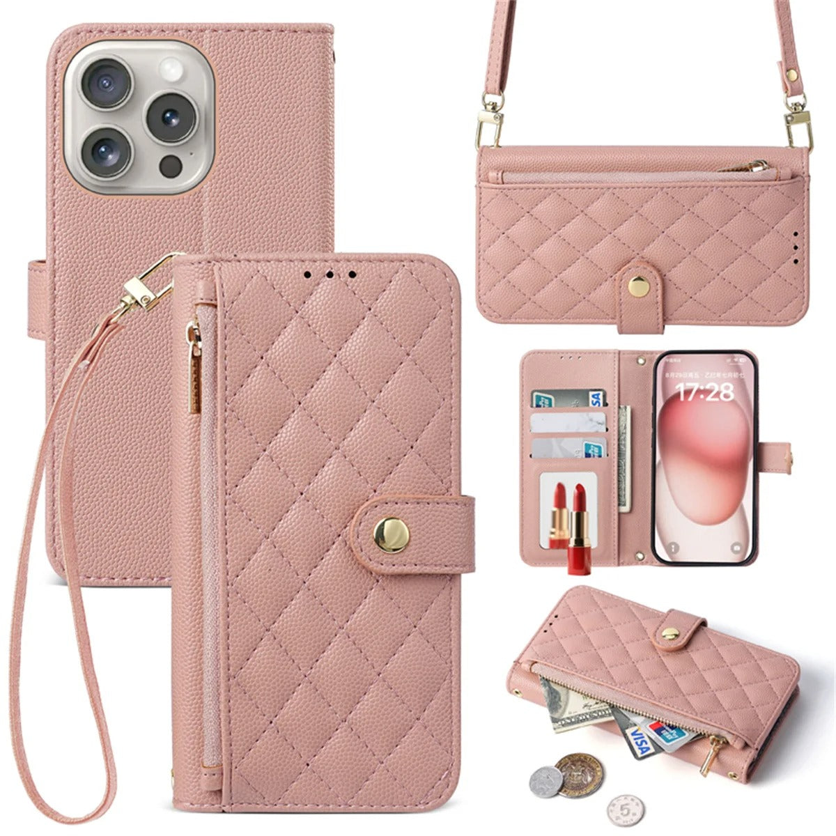 Luxury iPhone Case — Crossbody Leather Wallet Cover with Card Holder, Lanyard Strap, Anti-Scratch Non-Slip Design & Protective PU Buildv