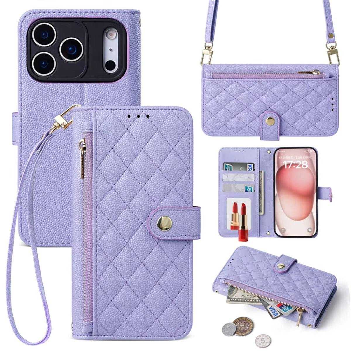 Luxury iPhone Case — Crossbody Leather Wallet Cover with Card Holder, Lanyard Strap, Anti-Scratch Non-Slip Design & Protective PU Build
