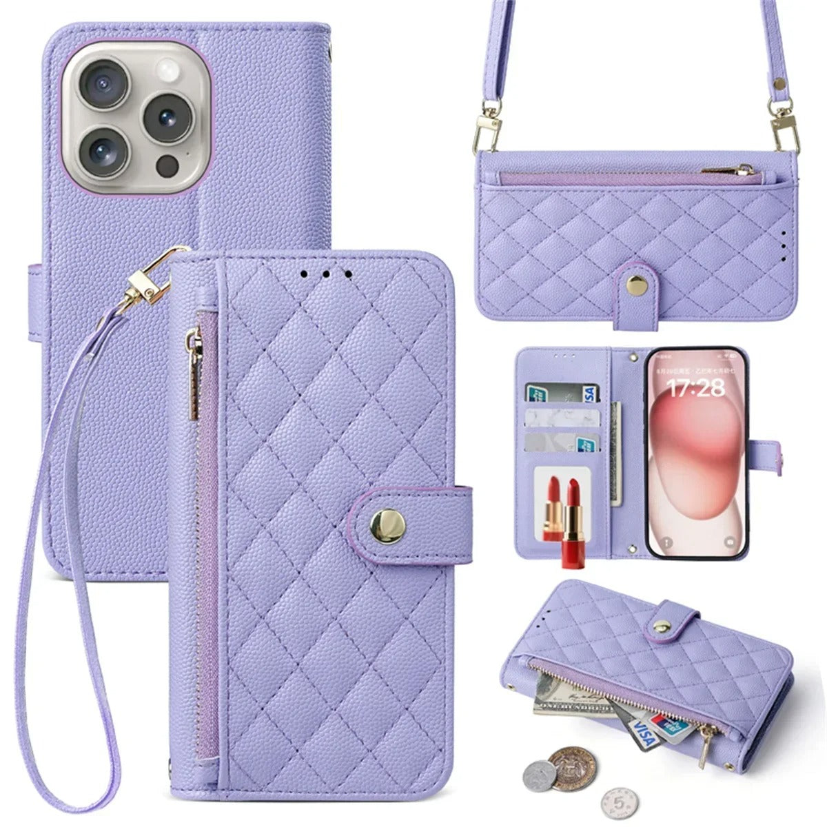 Luxury iPhone Case — Crossbody Leather Wallet Cover with Card Holder, Lanyard Strap, Anti-Scratch Non-Slip Design & Protective PU Build