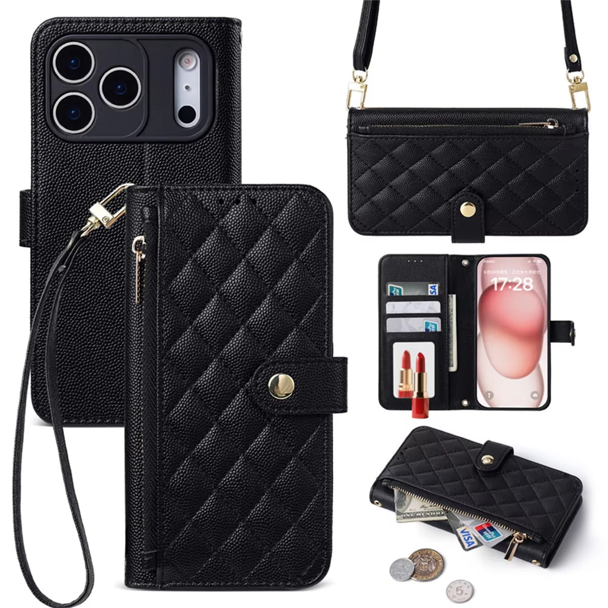 Luxury iPhone Case — Crossbody Leather Wallet Cover with Card Holder, Lanyard Strap, Anti-Scratch Non-Slip Design & Protective PU Build