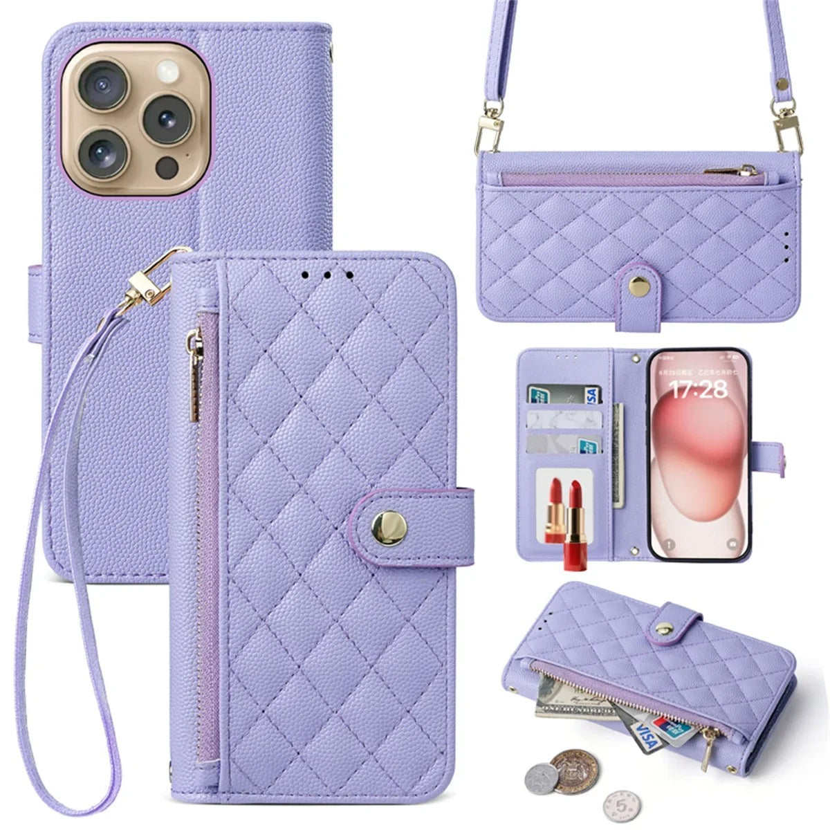 Luxury iPhone Case — Crossbody Leather Wallet Cover with Card Holder, Lanyard Strap, Anti-Scratch Non-Slip Design & Protective PU Build