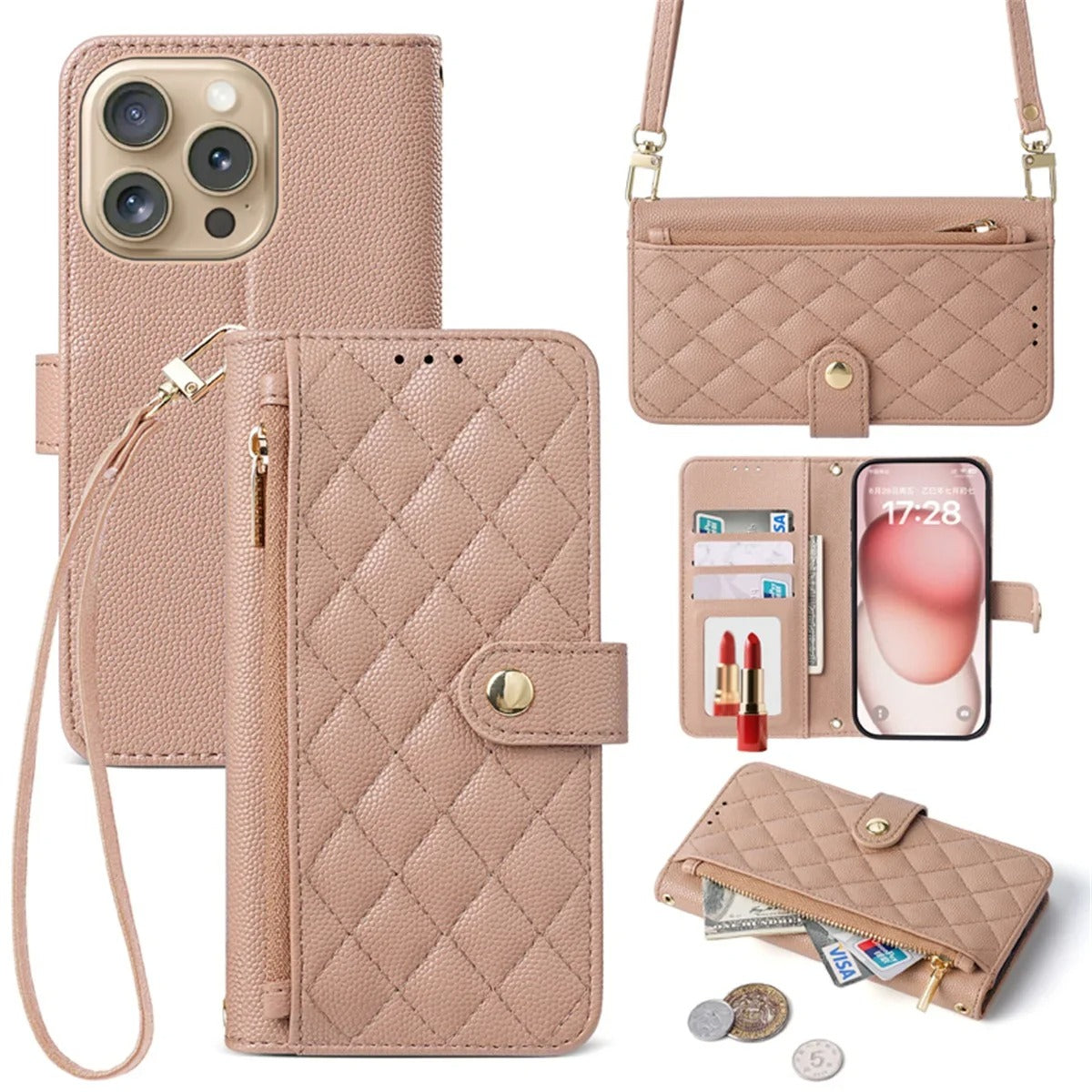 Luxury iPhone Case — Crossbody Leather Wallet Cover with Card Holder, Lanyard Strap, Anti-Scratch Non-Slip Design & Protective PU Build