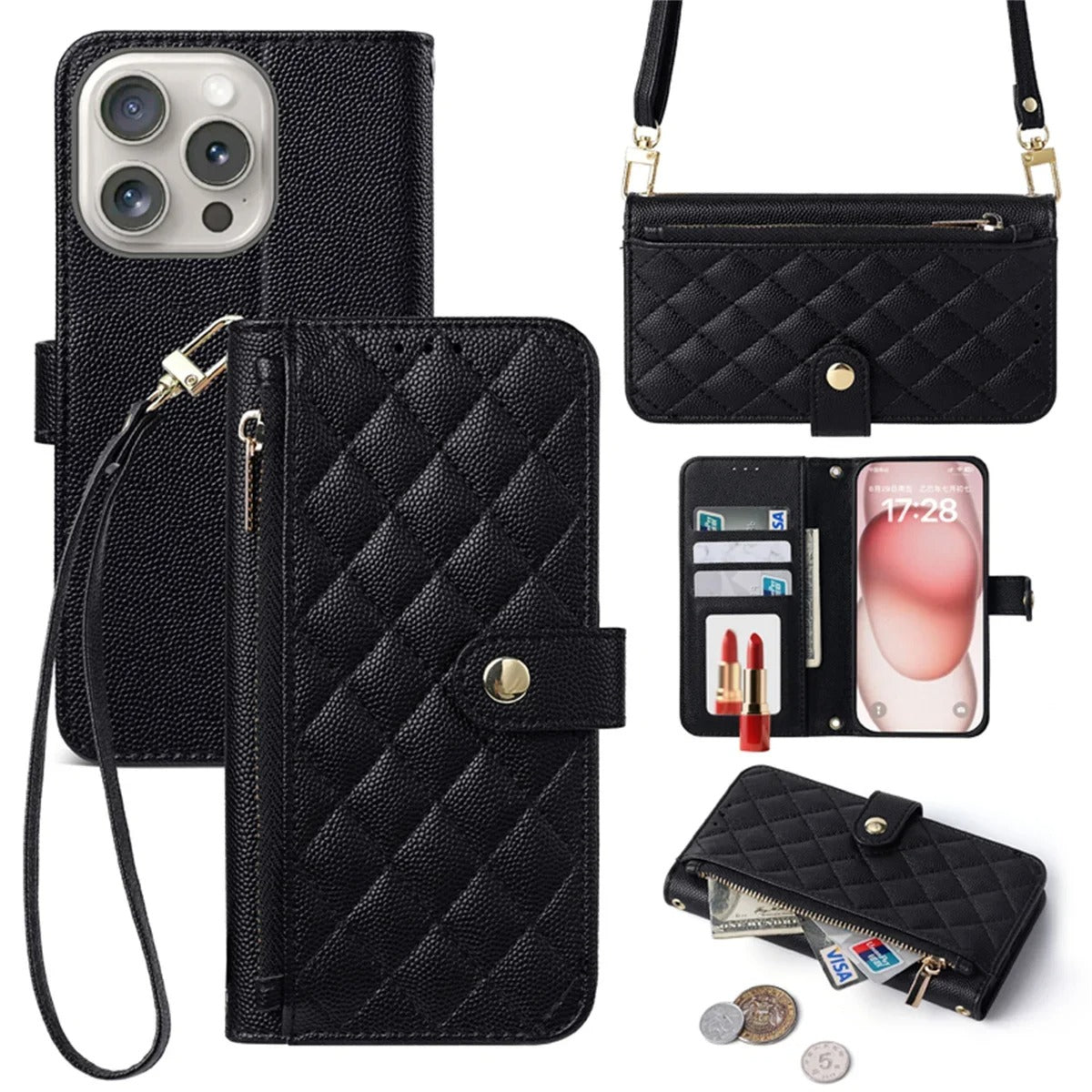 Luxury iPhone Case — Crossbody Leather Wallet Cover with Card Holder, Lanyard Strap, Anti-Scratch Non-Slip Design & Protective PU Build
