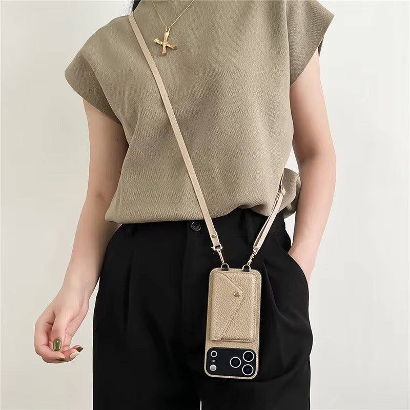 Luxury iPhone Case — Crossbody Leather Wallet Cover with Card Holder, Protective Anti-Scratch Design and Adjustable Lanyard Strap