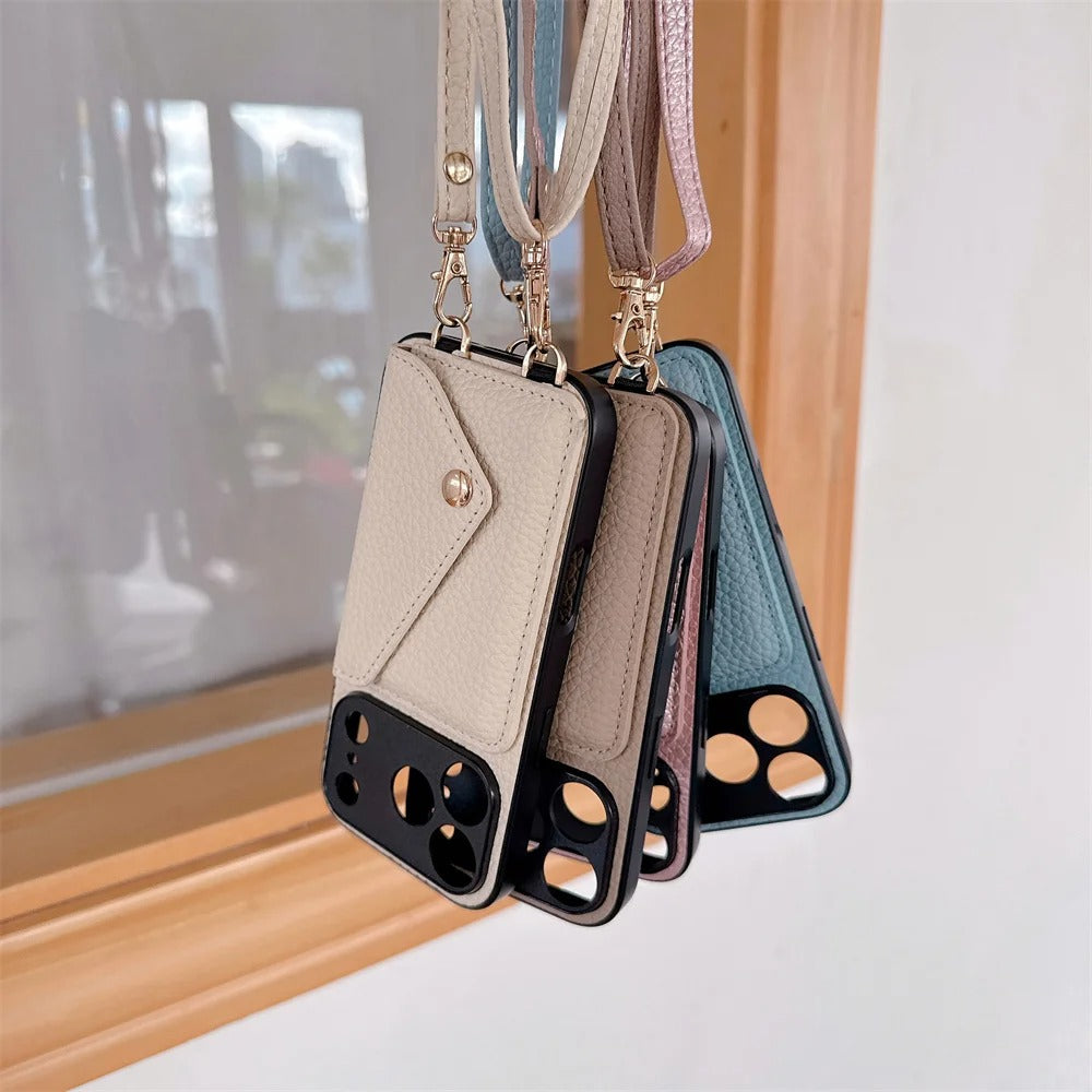 Luxury iPhone Case — Crossbody Leather Wallet Cover with Card Holder, Protective Anti-Scratch Design and Adjustable Lanyard Strap
