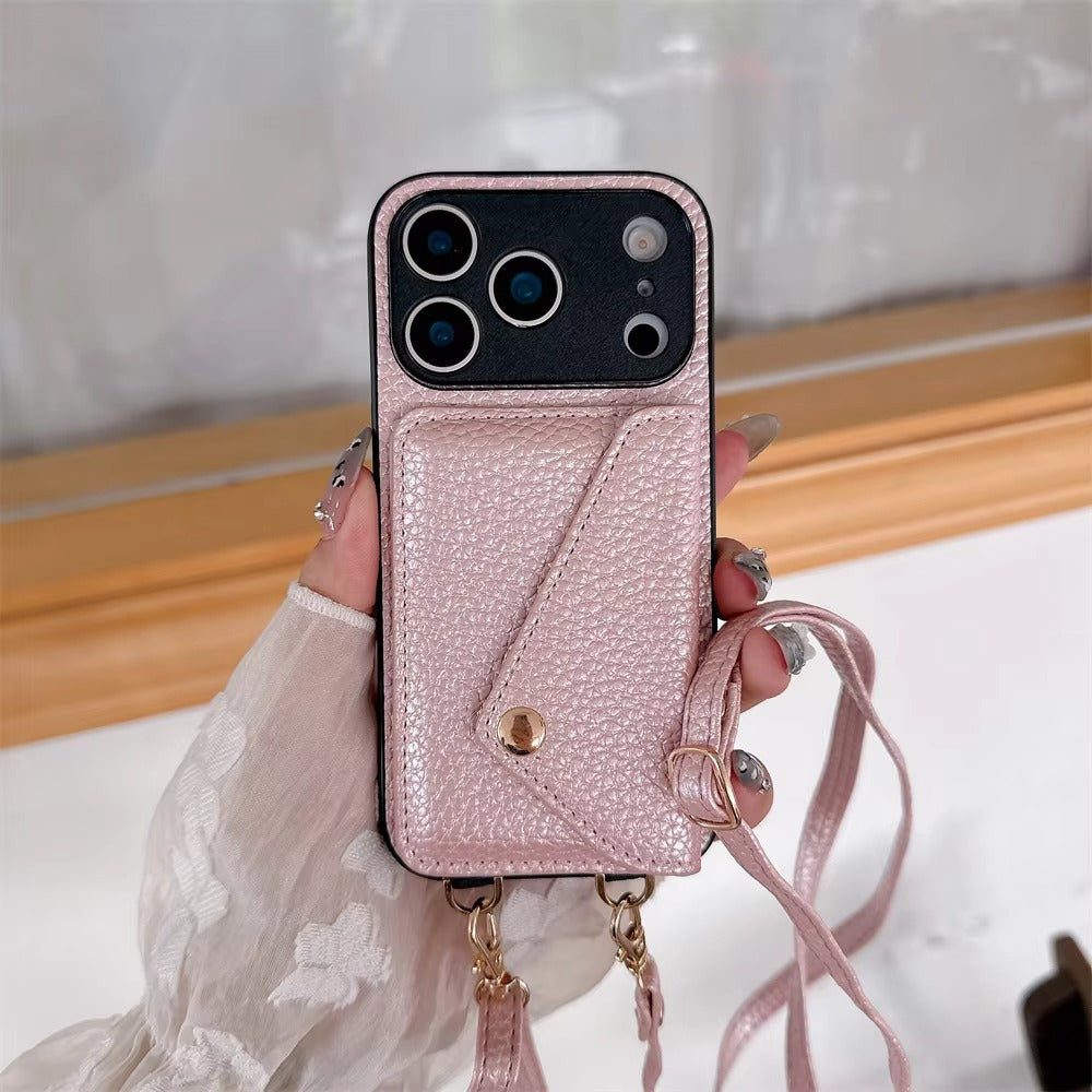 Luxury iPhone Case — Crossbody Leather Wallet Cover with Card Holder, Protective Anti-Scratch Design and Adjustable Lanyard Strap