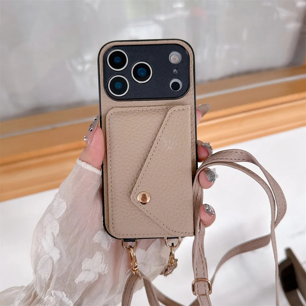 Luxury iPhone Case — Crossbody Leather Wallet Cover with Card Holder, Protective Anti-Scratch Design and Adjustable Lanyard Strap
